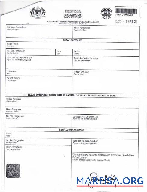 Downloadable Malaysia Department of health death certificate real example